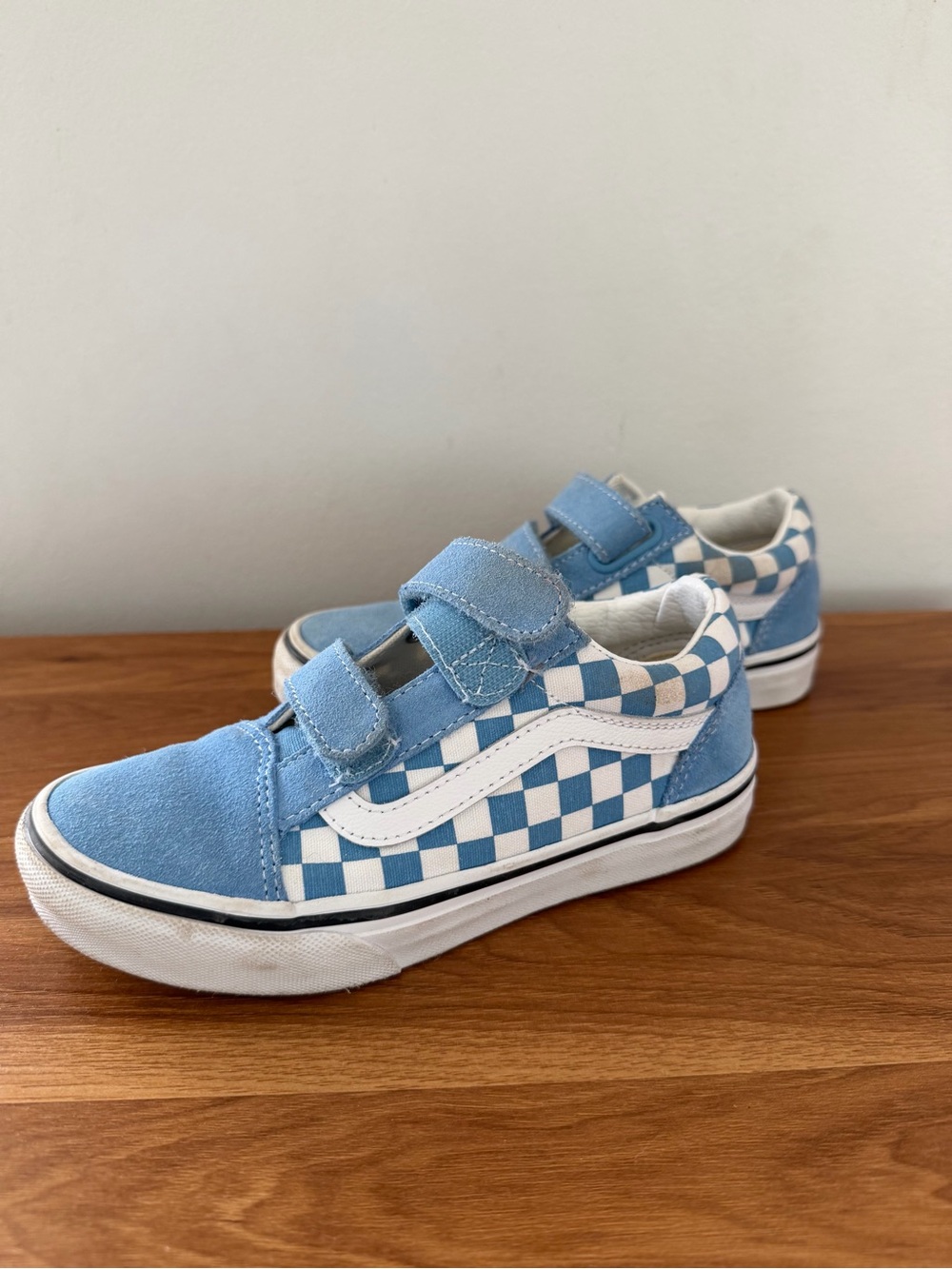 Vans Kids Light Blue and White Checkerboard Velcro Sneakers
